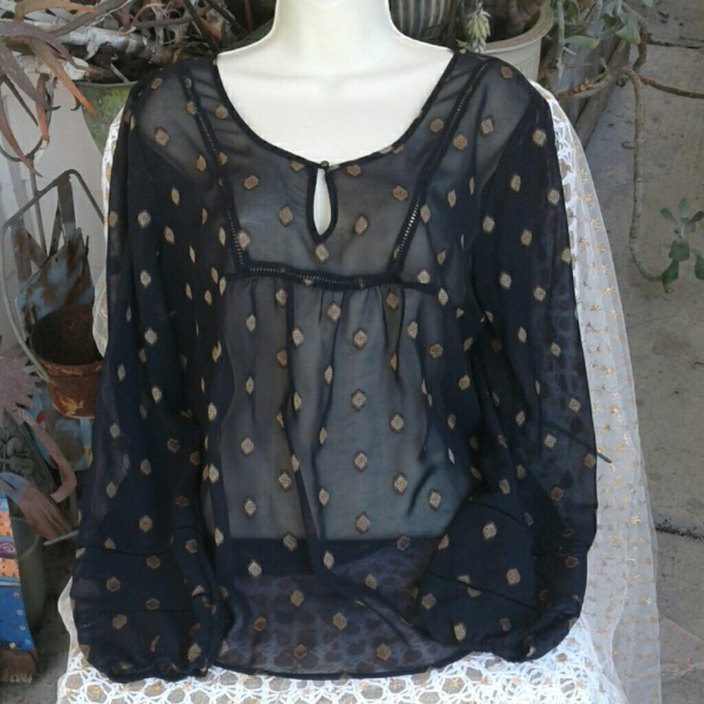 LUCKY BRAND BLACK WITH ABSTRACT PRINT BOHO TOP - Picture 3 of 4